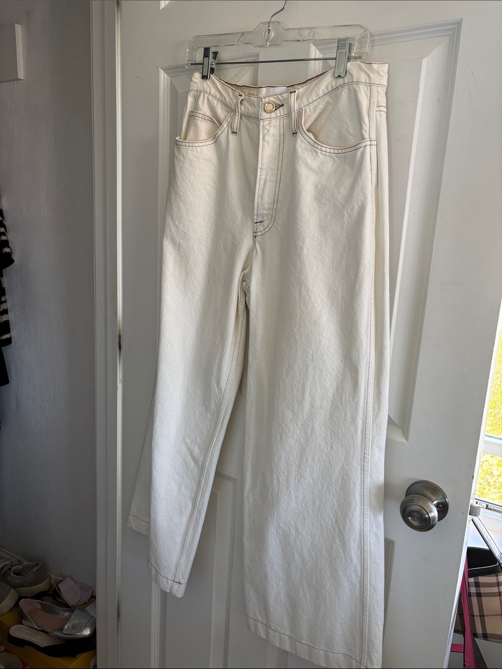 Frame Denim High-Rise Wide Leg Jeans in Off-White